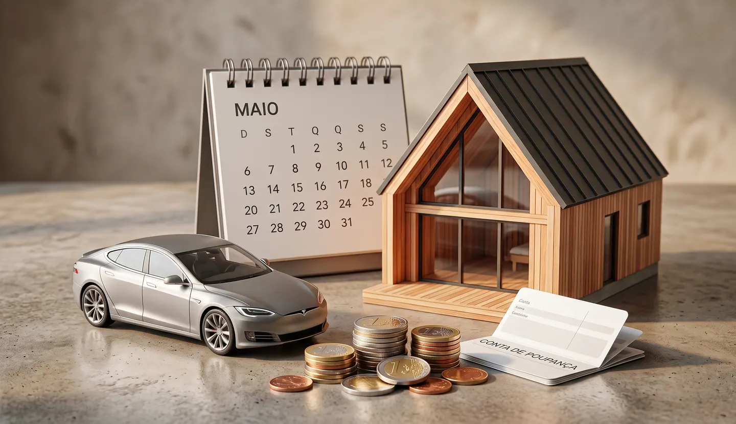 Miniatura de carro ao lado de pilhas de moedas, calendário e caderneta de poupança.