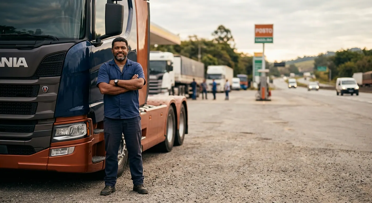 Caminhoneiro de braços cruzados, sorrindo ao lado da cabine do próprio caminhão, em um posto na beira da rodovia.