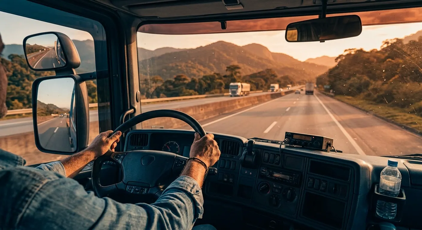 Vista de dentro da cabine: as mãos do motorista no volante e a rodovia à frente, no fim da tarde.