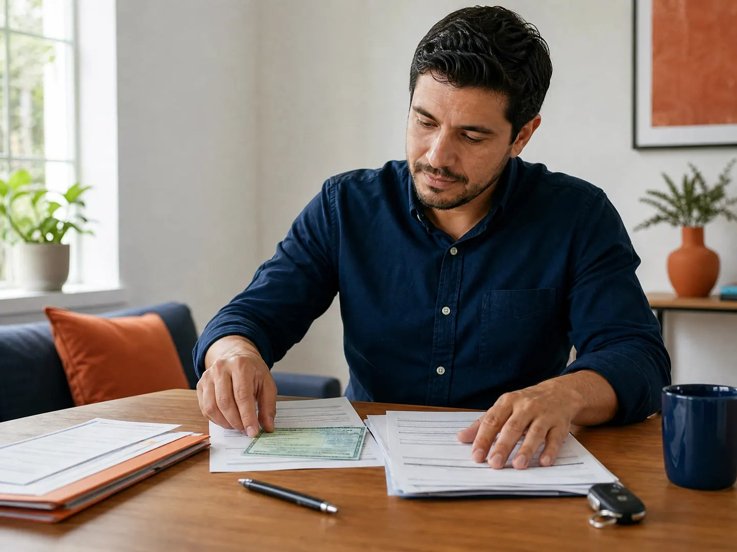 Homem sentado à mesa de casa organizando o documento do veículo e comprovantes, com a chave do carro ao lado.