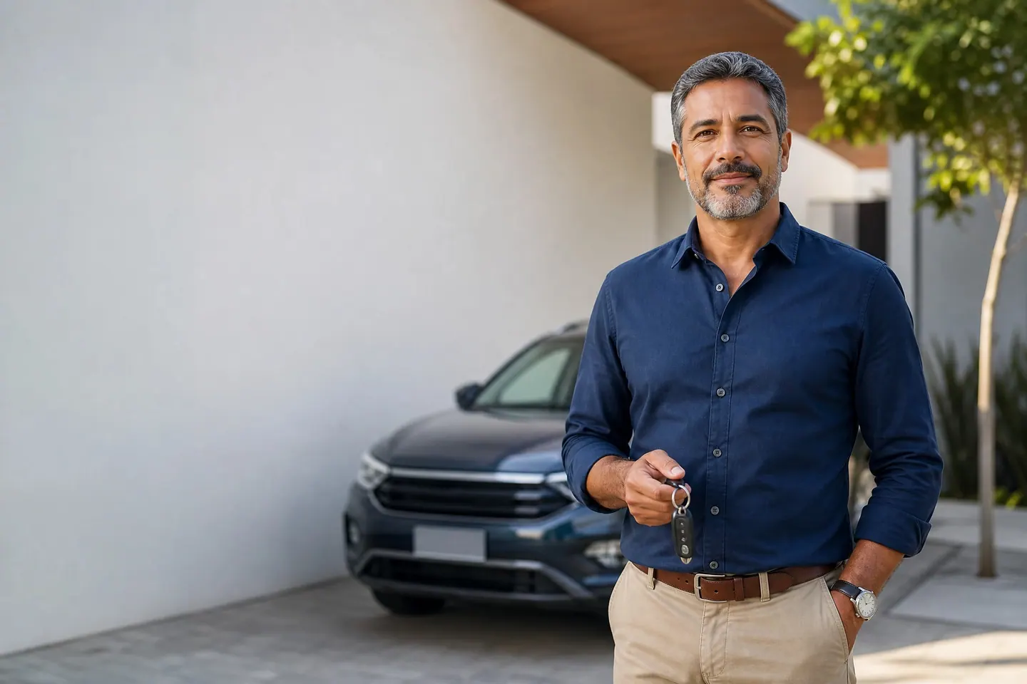 Homem sorrindo com a chave do carro na mão, em pé na garagem de casa com o próprio SUV ao fundo.