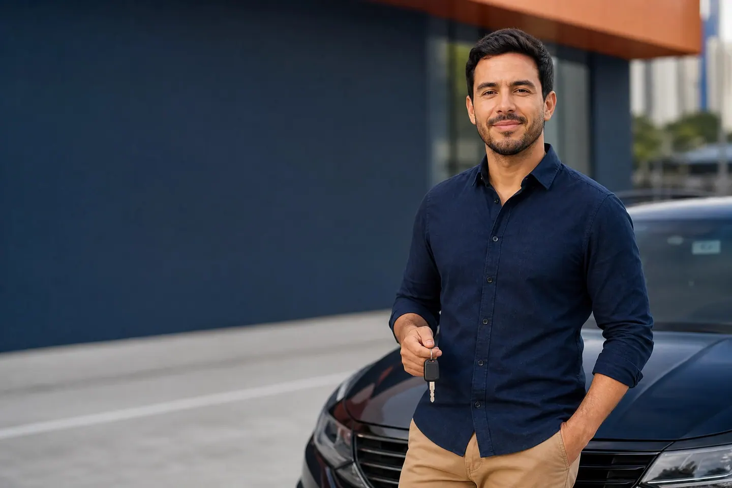Homem sorrindo com a chave do carro na mão, em pé ao lado do próprio sedã em uma rua da cidade.