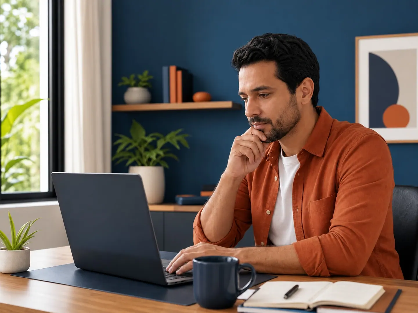 Homem concentrado no notebook em um escritório em casa, preenchendo uma simulação de crédito.