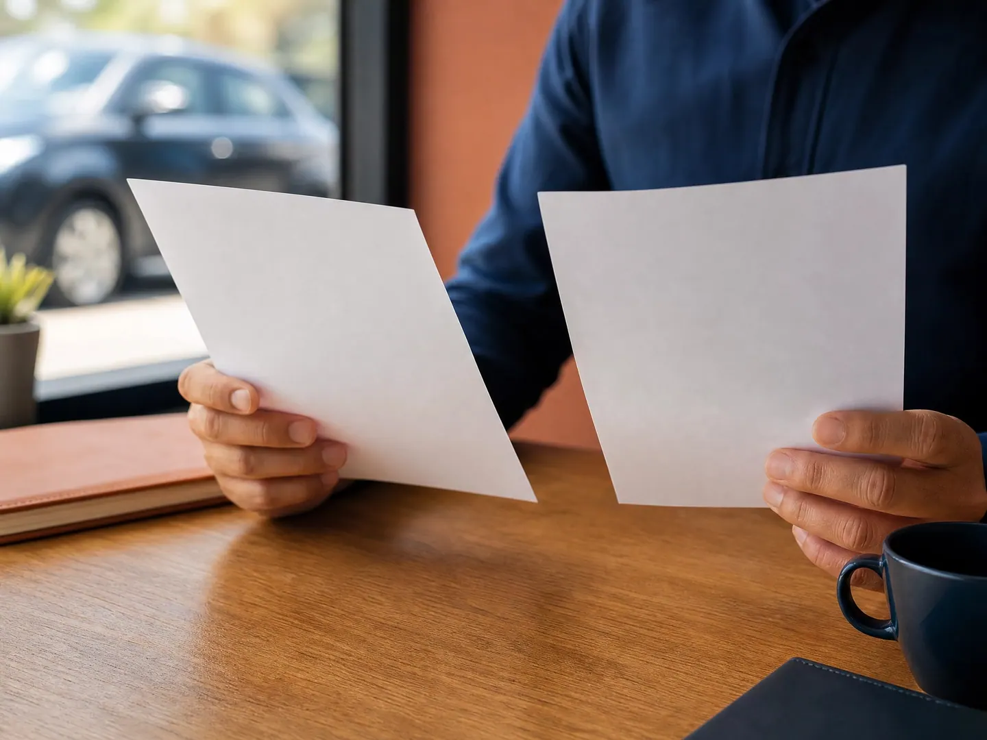 Homem sentado à mesa segurando duas propostas de crédito impressas, uma em cada mão, para compará-las lado a lado.