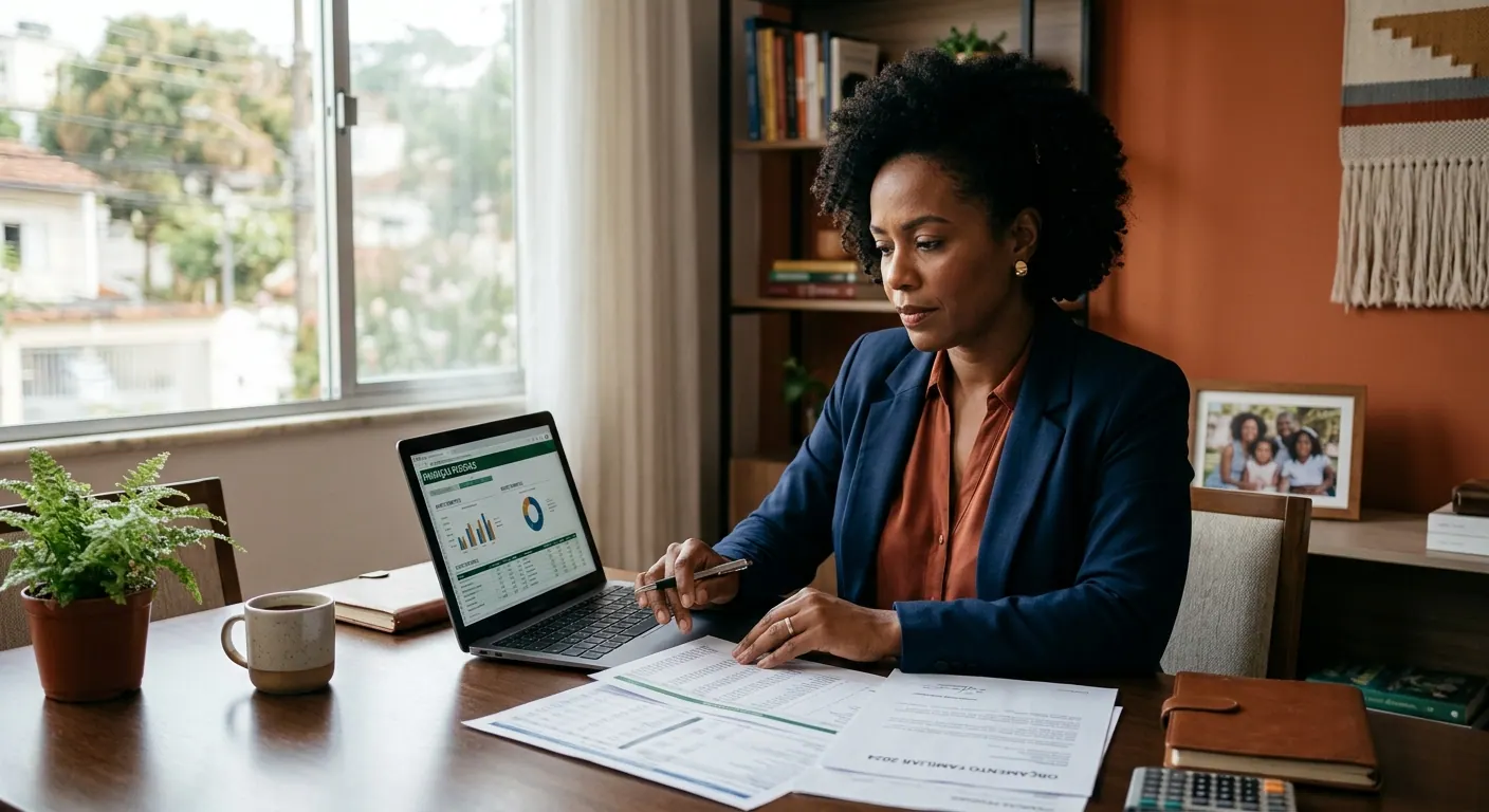 Mulher à escrivaninha de casa analisando planilhas de orçamento no notebook, com extratos impressos e uma calculadora sobre a mesa.