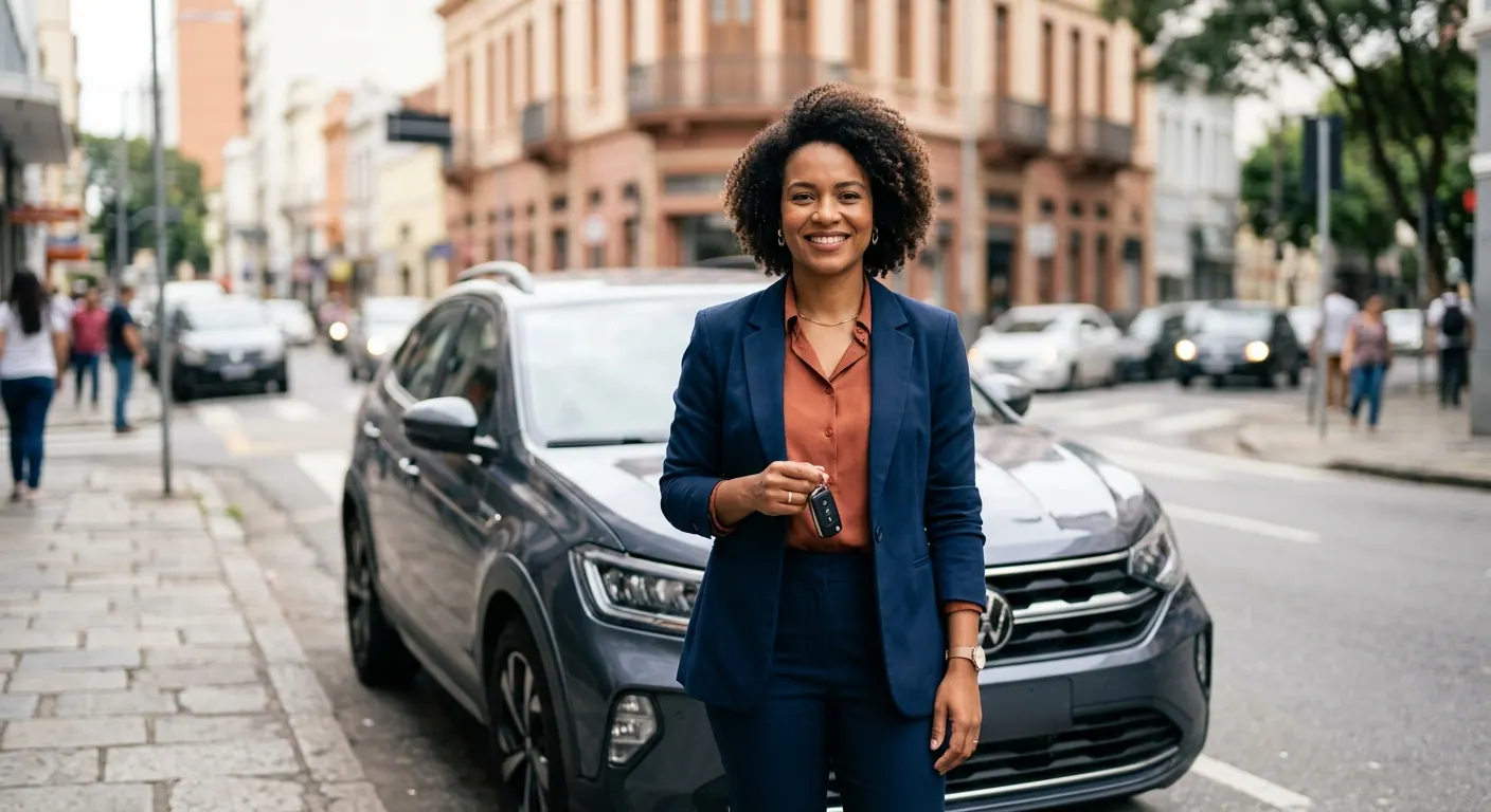 Mulher de blazer sorrindo com a chave do carro na mão, em pé à frente do próprio veículo numa rua movimentada.