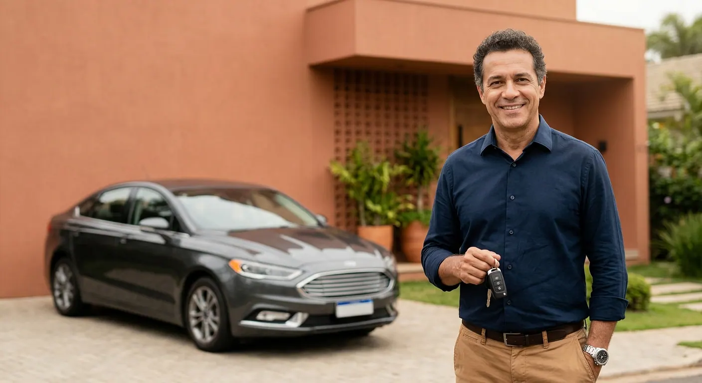 Homem sorrindo com a chave do carro na mão, em pé na entrada de casa com o próprio sedã ao fundo.