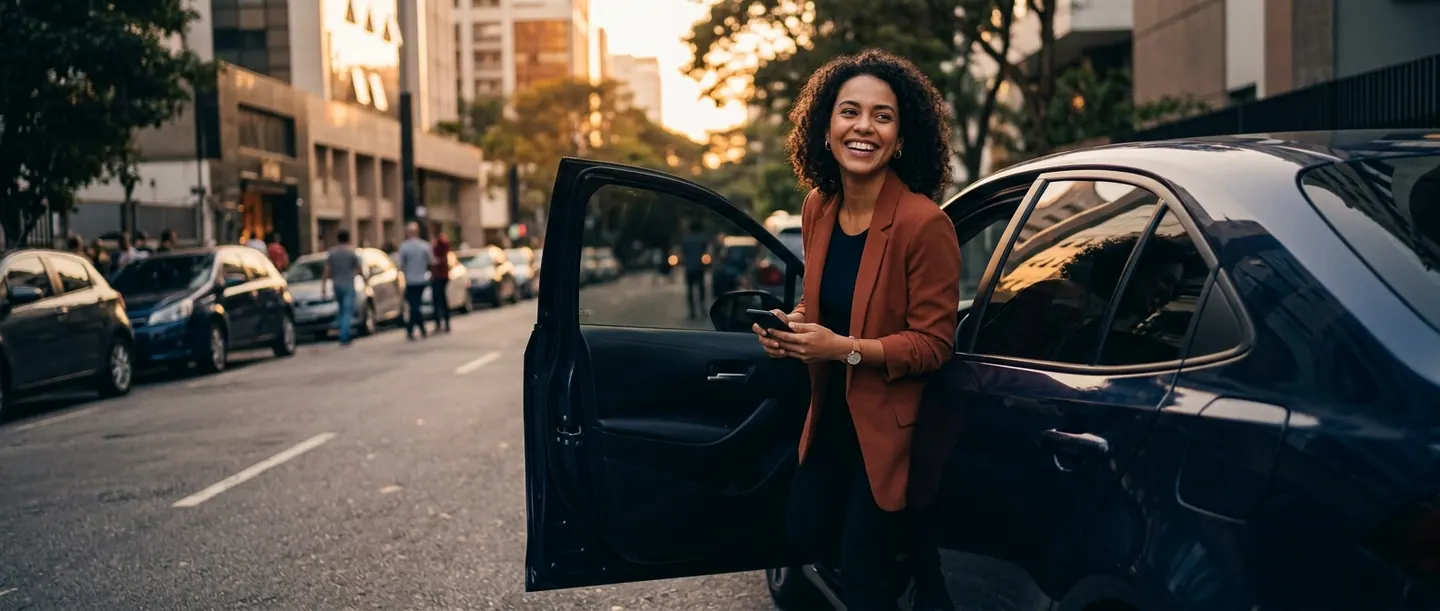 Mulher sorrindo com o celular na mão, ao lado da porta aberta do próprio carro, numa rua da cidade ao fim do dia.