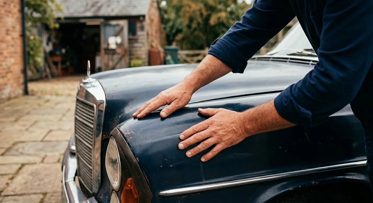 Mãos apoiadas no capô de um carro antigo escuro, examinando a lataria diante de uma oficina.