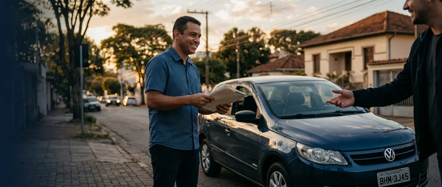 Dois homens conversando na calçada ao lado de um carro escuro, um deles com documentos nas mãos, no fim da tarde.