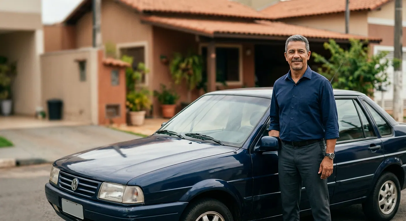 Homem de meia-idade sorrindo, em pé ao lado do próprio sedã azul-escuro antigo, na rua em frente à sua casa.